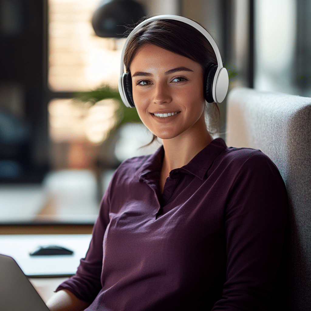 task004 A confident customer service woman stands in a modern o 4c148c5a 88fe 4944 80ee 8cf2e5f3e151